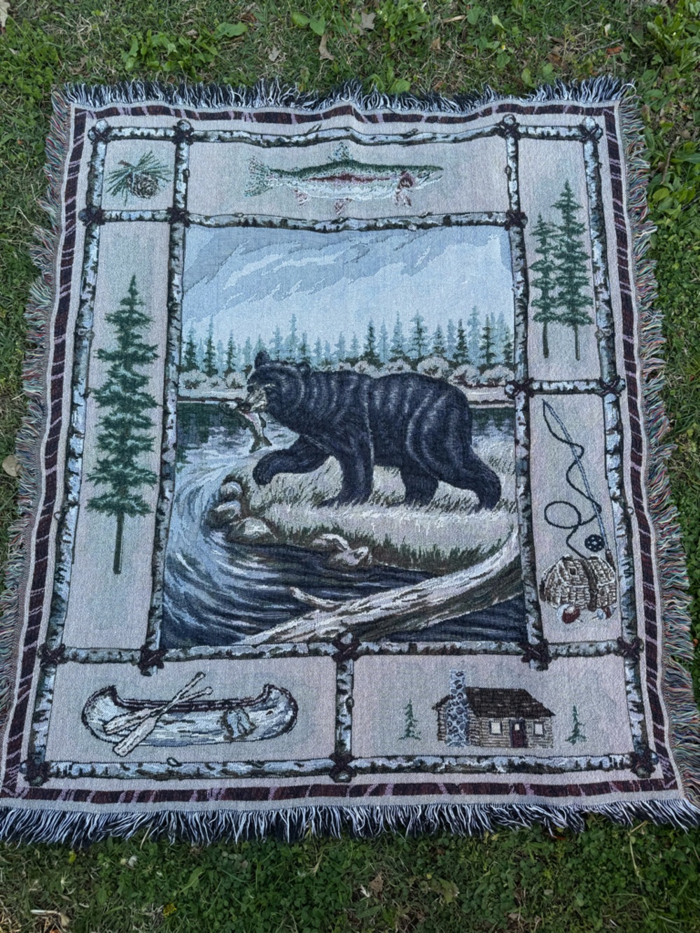 Wildlife Tapestry Throw Blanket - Bear & Fish Scenic Design - Green, Blue, Cream
